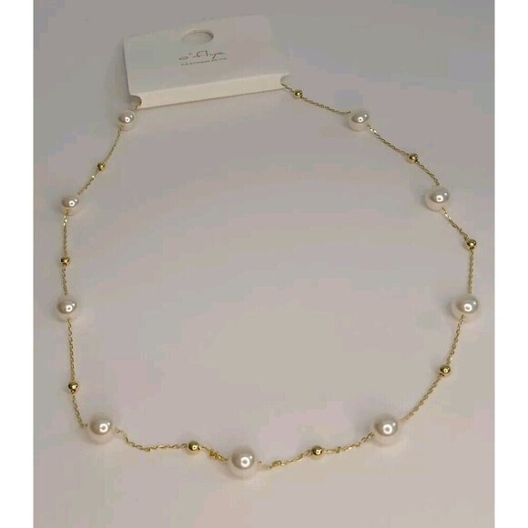NEW Faux Silver Pearl Necklace With Gold Tone Balls Stainless Steel Material - Picture 1 of 3